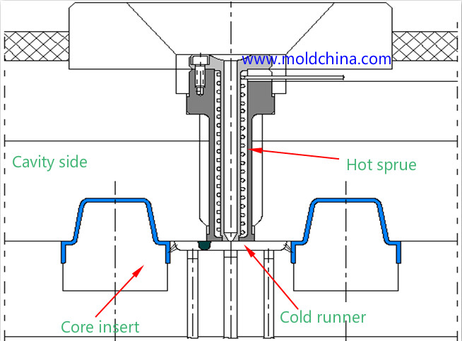 The hot sprue/cold runner mold structure